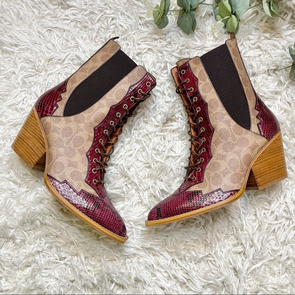 Coach Lace Up Signature Canvas & Snakeskin Boots - Picture 9 of 13